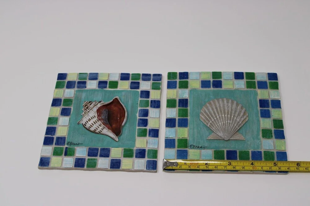 Vintage P Brent Sea Shell Mosaic Tile Wall Art Decor Plaques Conch Scallop 2